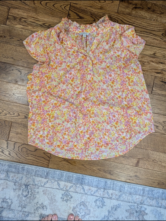 Tops - Floral Ruffle Cap-Sleeve Blouse - Pink/Yellow -